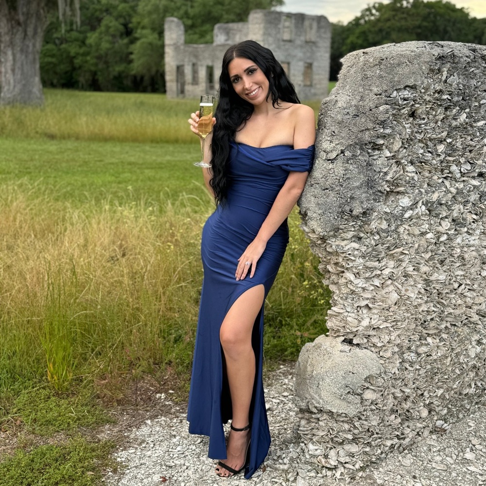 Off The Shoulder Formal Navy Dress